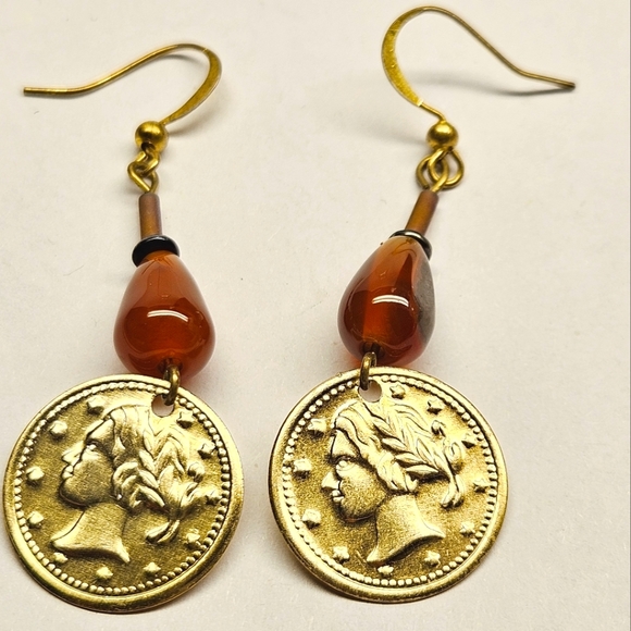Red Agate Gold Coin Beaded Earrings - Picture 3 of 6